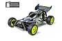 A studio shot of the Tamiya Plasma Edge II 1/10 scale RC buggy kit, featuring a gunmetal and black pre-painted body with bright yellow wheels.