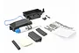 Traxxas sealed receiver box set including housing, lid, screws, grease, foam pads, and instruction manual on a white background.