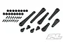 Pro-Line body lid skid plates and mounting hardware including various sizes of black plastic skid plates, screws, and nuts.