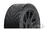 A close-up studio shot of a Pro-Line Avenger HP street belted tyre mounted on a black Mach 10 rim, showing the tread pattern and branding.