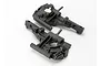 Two black plastic Traxxas front bulkhead components for RC vehicles, shown from an angled top-down perspective against a white background.