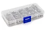 A clear plastic storage case filled with assorted stainless steel M3 screws for RC models, featuring a blue latch on a white background.