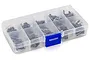 A clear plastic storage case with ten compartments, each containing small black RC screws in individual plastic bags, featuring a blue locking latch.