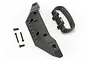Traxxas front bumper assembly with mounting hardware including a black plastic bumper, a separate loop-style mount, and three small metal screws.