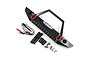 Yeah Racing black aluminium front bumper for RC crawlers with red tow shackles, LED light kit, and mounting hardware on a white background.