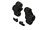 Two black plastic front steering blocks and two small steering arms for an ARRMA 1/5 8S RC vehicle.