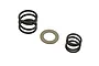 Two black coil springs and one flat metal washer arranged on a white background.
