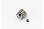 A steel 14-tooth pinion gear for RC vehicles, shown with a small grub screw on a white background.