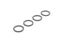 Four small, flat, circular steel washers arranged in a diagonal line against a plain white background.