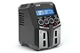 SkyRC T100 dual port smart charger in black plastic housing with an LCD screen and front-facing charging ports.
