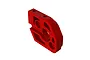A red anodized aluminium motor mount plate for an ARRMA 1/5 scale RC vehicle, shown from an angled perspective.