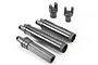 A set of black plastic Traxxas centre splined half shaft components including two yokes and three shaft sections on a white background.