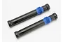 Two black Traxxas splined half shafts with blue rubber dust boots on a white background.