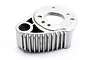 A silver aluminium finned motor mount for an RC car, featuring cooling fins and mounting holes.