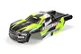 A pre-painted green and black ARRMA Kraton 8S RC truggy body shell viewed from a high angle against a white background.