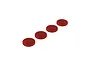 Four red circular silicone shock bladders arranged in a diagonal line on a white background.