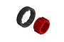 A red aluminium centre differential case and a black 53T 1Mod gear for an ARRMA 1/5 8S RC vehicle.