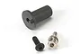 Traxxas motor mount hinge post with two included mounting screws on a white background.