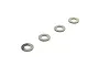 Four flat steel washers arranged in a diagonal line against a white background.