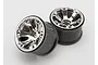 Two Traxxas 3.8 inch Geode chrome RC monster truck rims against a plain white background.