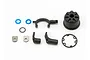 Traxxas differential case set components including a black plastic housing, various small plastic and metal parts, and blue rubber O-rings on a white background.
