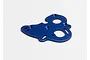 A blue anodized aluminium motor plate for an RC car, featuring various mounting holes and cutouts, isolated on a white background.