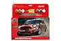 Airfix 1/32 scale Mini Countryman WRC starter set model kit packaging showing the rally car and included paints, brushes, and glue.