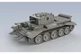 A 3D render of an unpainted grey plastic model kit of a British Cromwell tank with a hedge cutter attachment on the front.
