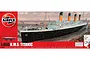 Airfix 1/400 scale RMS Titanic plastic model kit box art showing the finished ship model on a dockside background.