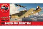 Airfix 1/48 scale Boulton Paul Defiant Mk.I plastic model kit box art showing the aircraft in flight over clouds.