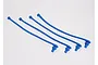 Four blue silicone body pin retainers for RC car bodies arranged on a white background.