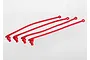 Four red silicone body pin retainers for RC cars arranged diagonally on a white background.