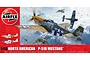 Airfix 1/48 scale North American P-51D Mustang model kit box art showing a P-51D in flight with other aircraft in a cloudy sky.