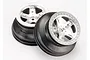 Two Traxxas 2.2/3.0 inch satin chrome rims for RC short course trucks, shown from a front-facing angle.