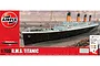 Airfix 1/700 scale RMS Titanic plastic model kit box art showing the ship at sea with included paints, brushes, and cement.