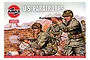 Box art for Airfix 1/76 scale U.S. Paratroops model kit featuring a painted illustration of soldiers in combat near a brick wall.