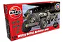 Airfix 1/72 scale British Airborne Willys Jeep model kit box showing a painted model of a jeep with trailer and howitzer in front of an aircraft.