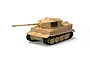 A studio shot of an unassembled, unpainted tan plastic model kit of a Tiger 1 tank on a white background.