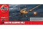 Airfix 1/72 scale Bristol Beaufort Mk.1 plastic model kit box art featuring an action scene of the aircraft dropping a torpedo over a harbour.
