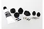 Traxxas Steel Splined CV Drive Shaft Rebuild Kit including rubber boots, metal pins, screws, and a tube of grease on a white background.
