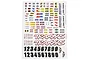 A sheet of Traxxas RC decal stickers featuring various automotive brand logos, Traxxas branding, and sets of numbers.