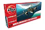 Airfix 1/72 scale North American B-25C/D Mitchell bomber plastic model kit box art showing the aircraft flying over a tropical coastline.
