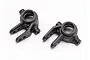 Two black plastic steering hub carriers for a Traxxas RC vehicle, shown from a top-down angle against a white background.