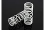 Two white progressive rate RC shock springs with black identification markings, positioned on a dark reflective surface.