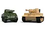 Two assembled plastic model tanks, one green Sherman and one tan Tiger I, displayed side by side on a white background.