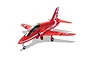 A fully assembled and painted 1/72 scale Airfix Red Arrows Hawk trainer model aircraft on a white background.