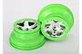 Two bright green and chrome RC car rims for short course trucks, shown against a plain white background.