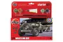 Airfix 1/72 scale Willys MB Jeep starter set model kit in retail packaging with included paints, brush, and glue.