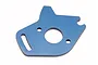 A blue anodized aluminium motor mounting plate for a Traxxas RC vehicle, featuring a central hole and mounting slots.