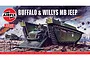 Airfix 1/76 scale Buffalo Amphibian LVT and Willys MB Jeep model kit box art showing a battlefield scene with vehicles.